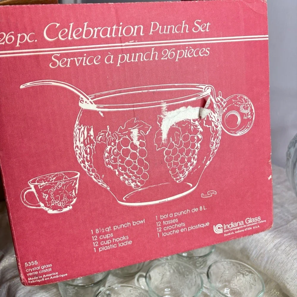 Indiana Glass Punch Bowl Set 26 Piece Grape Embossed Crystal Glass Cups Ladle